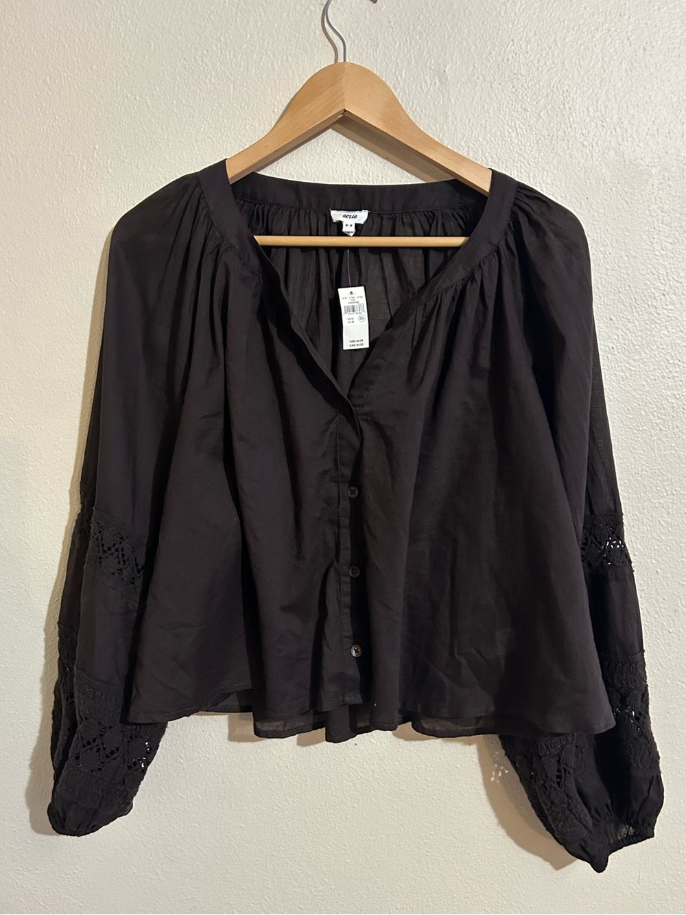 aerie Chocolate Brown Button-Front Flowing Peasant Blouse Cotton Embroidered Top